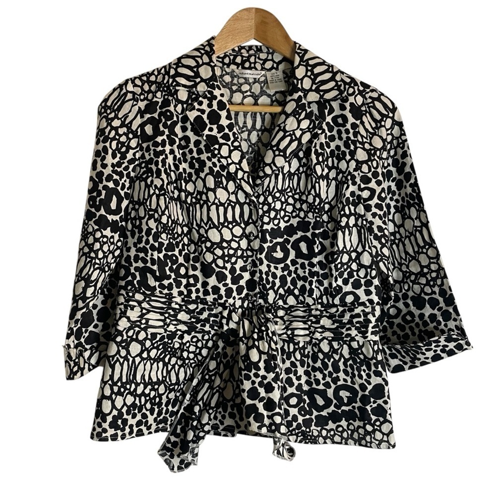 Richard Malcom Black and White Tie Front Linen Blouse Size Small whimsigoth